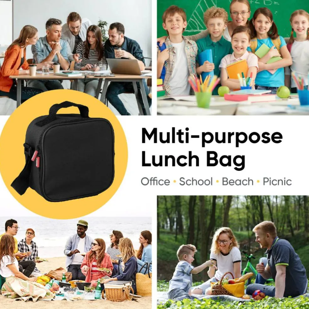 Superio Insulated Lunch Bag with Containers, Thermal Lined Lunch Box, Black