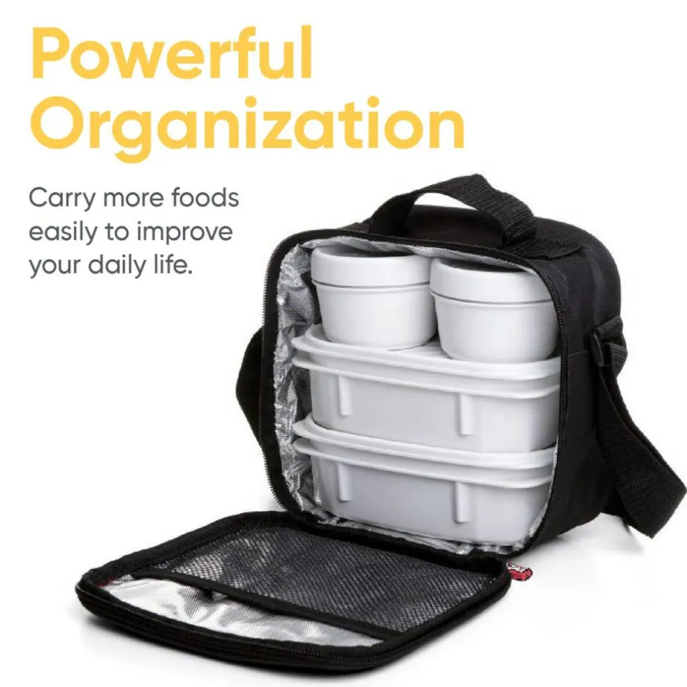 Superio Insulated Lunch Bag with Containers, Thermal Lined Lunch Box, Black