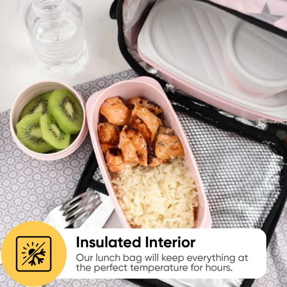 Superio Insulated Lunch Bag with Containers, Thermal Lined Lunch Box, Pink