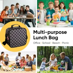 Superio Insulated Lunch Bag with Containers, Thermal Lined Lunch Box, Grey Checked