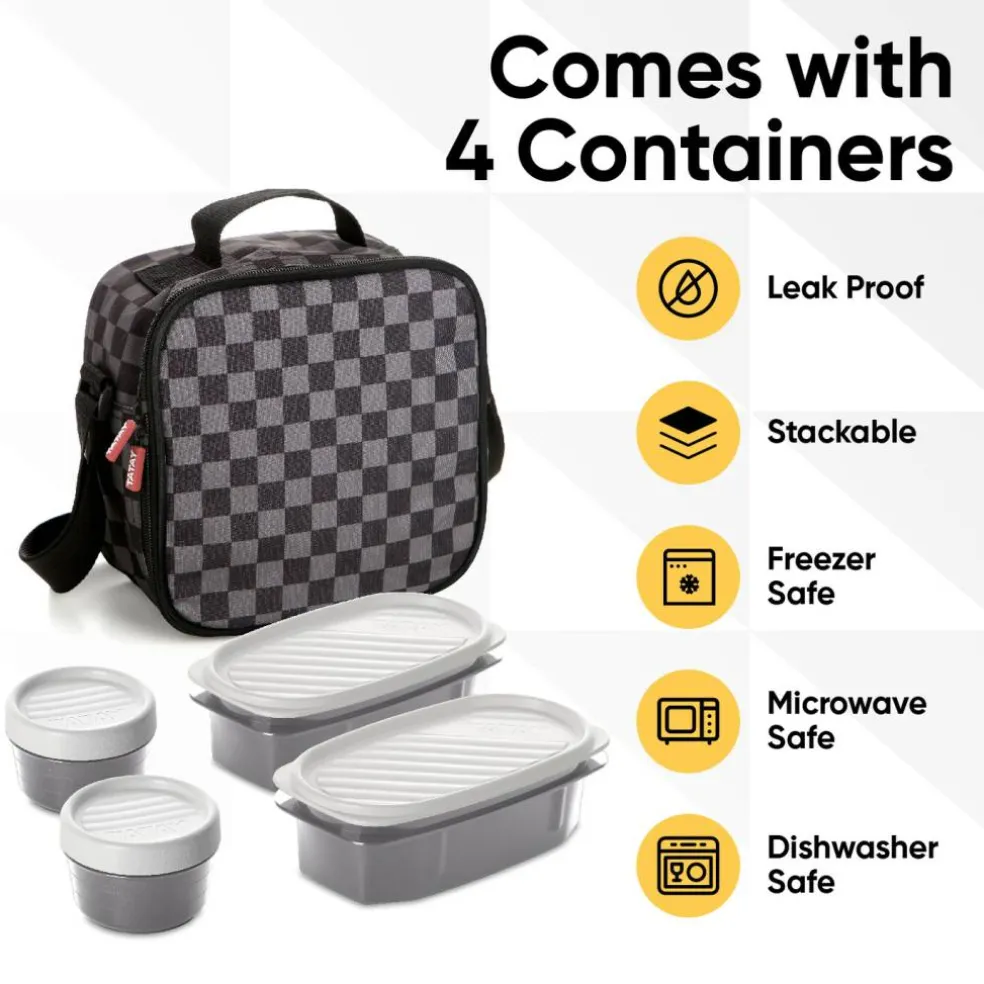 Superio Insulated Lunch Bag with Containers, Thermal Lined Lunch Box, Grey Checked