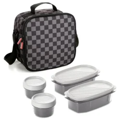 Superio Insulated Lunch Bag with Containers, Thermal Lined Lunch Box, Grey Checked