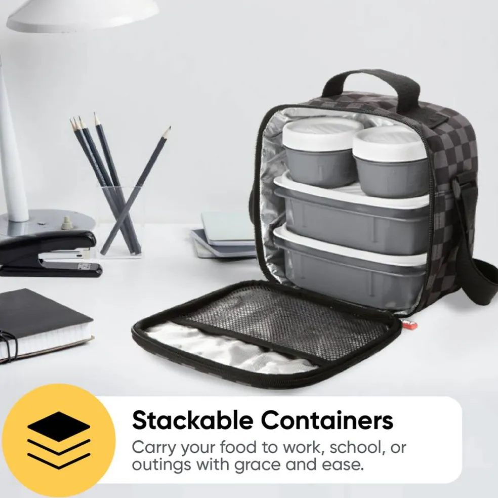 Superio Insulated Lunch Bag with Containers, Thermal Lined Lunch Box, Grey Checked