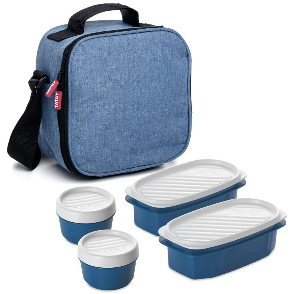 Superio Insulated Lunch Bag with Containers, Thermal Lined Lunch Box, Denim Blue