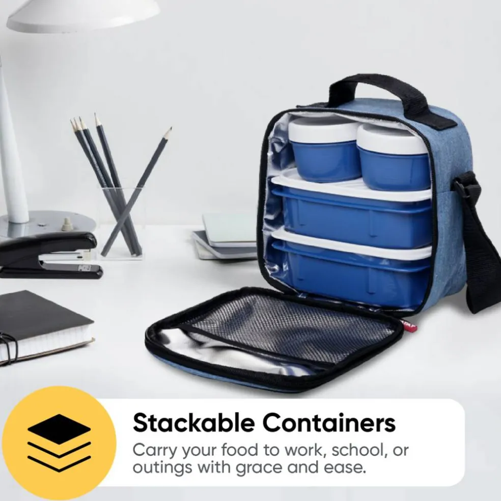 Superio Insulated Lunch Bag with Containers, Thermal Lined Lunch Box, Denim Blue