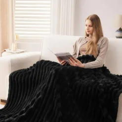 Super Soft Black Ribbed Flannel Fleece Throw Blanket 50x60 Inch – Premium Lightweight Microfiber Plush Blanket for Couch, Bed, Sofa & All Season Home Use, Cozy Decorative Warm Bedspread (Black Ribbed Design)