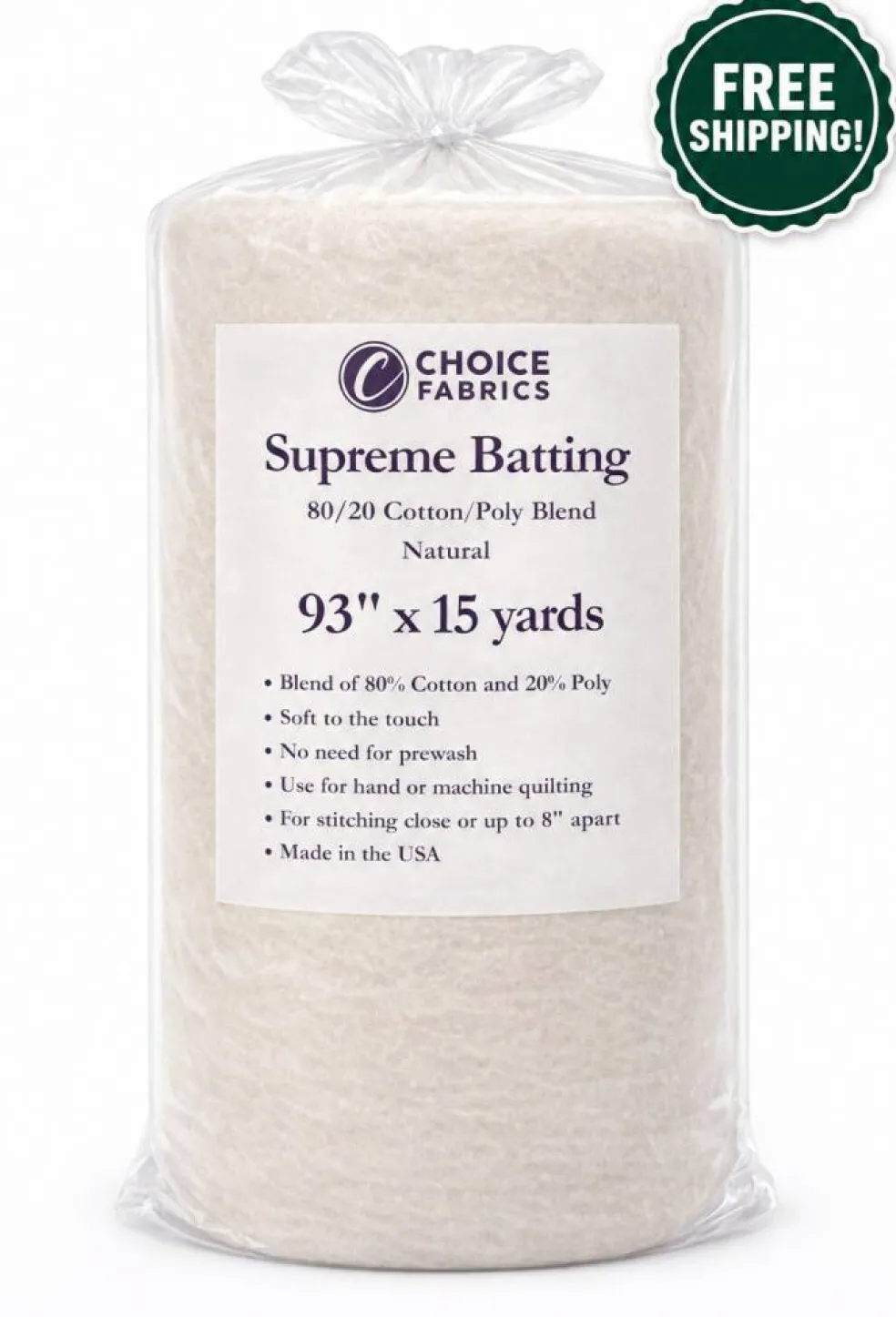 Supreme Batting - 80/20 Cotton/Poly Blend - 15 Yard Roll (93" x 15yds)