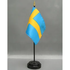 Sweden Desk Flag with Base; American Made Rayon 4x6 inch Miniature Table Set Includes One Small Mini Country Stick Flags and One Black Stand