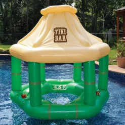 Swim Central 7.5' Cream and Green Tropical Inflatable Swimming Pool Floating Tiki Bar