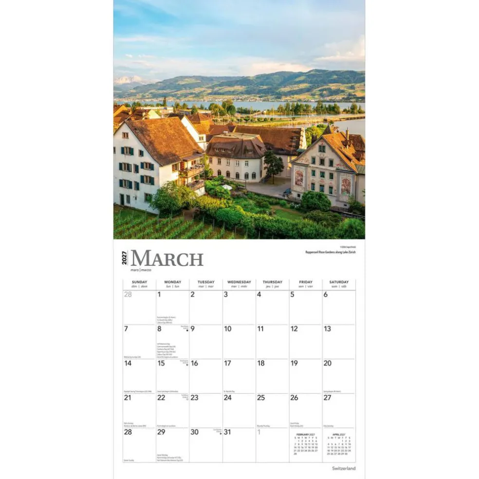 Switzerland | 2027 12 x 24 Inch (Hanging) Monthly Square Wall Calendar | Plastic-Free