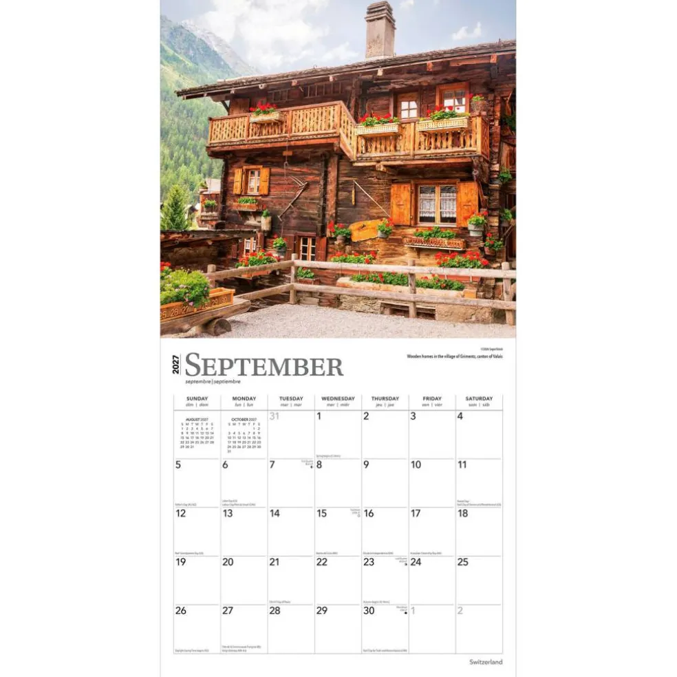 Switzerland | 2027 12 x 24 Inch (Hanging) Monthly Square Wall Calendar | Plastic-Free