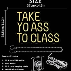 Take Yo Ass To Class Neon Sign – Dimmable LED Classroom Wall Decor, Warm White Motivational Neon Light for Study Room, Library, Bedroom, Dorm & School Decoration
