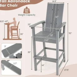 Tall Adirondack Chair Outdoor Bar Stool with Ergonomic Backrest for Backyard - 27.5" x 23" x 52" (L x W x H)