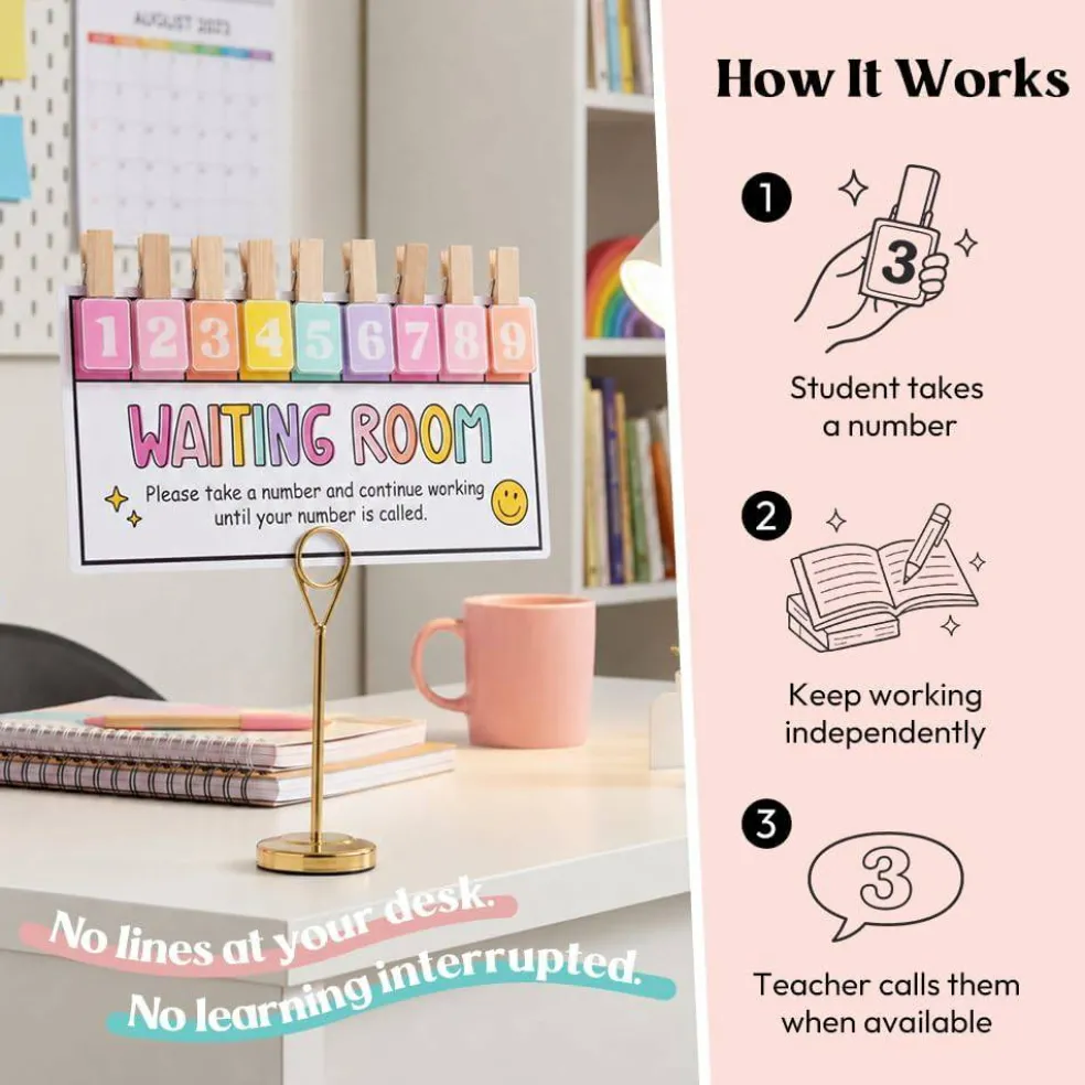 Teacher Classroom Management Tools, Please Take a Number Waiting Room Sign with Wooden Number Clips, Student Helper Queue System Poster for Classroom Organization & Behavior Management