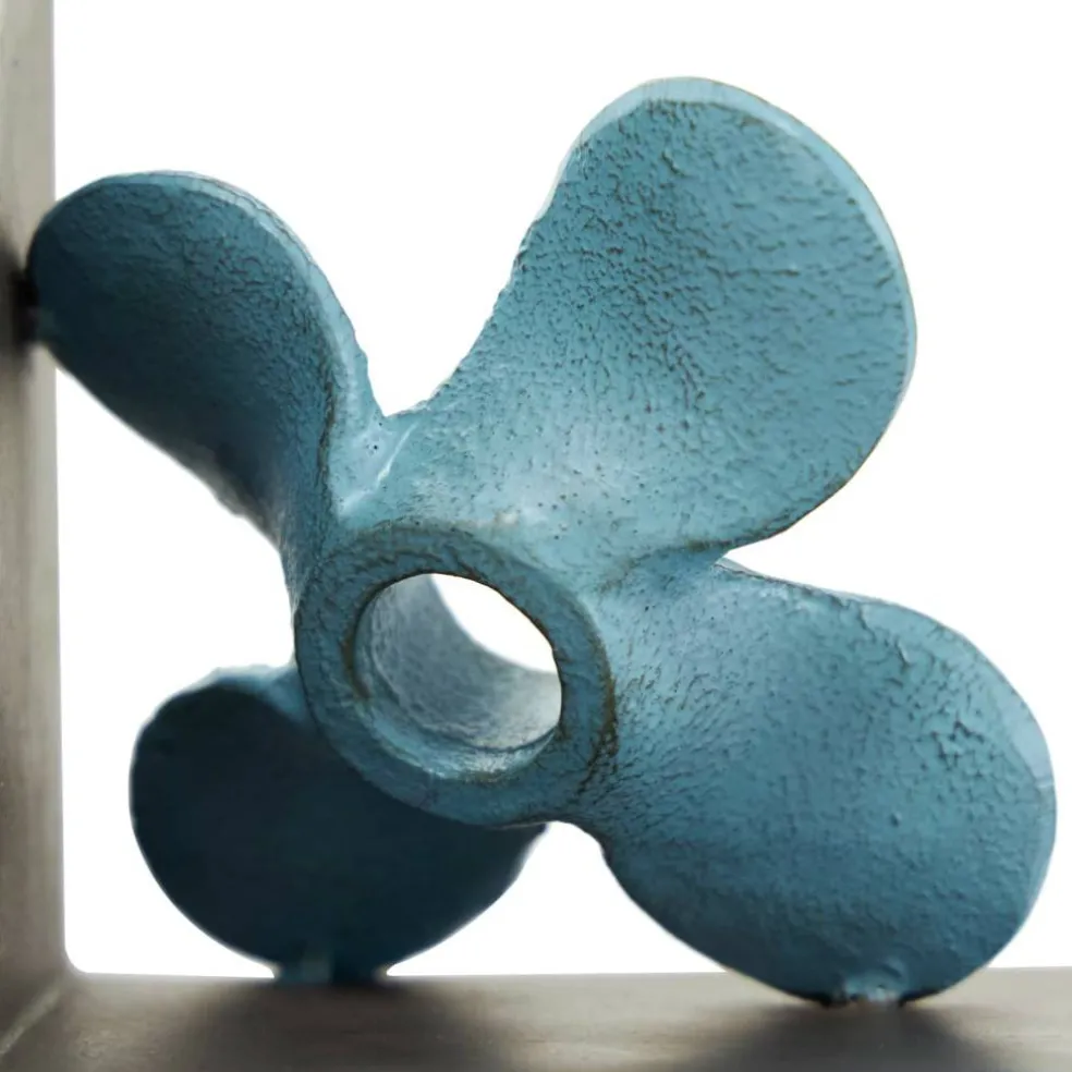 6.5" Teal Metal Boat Distressed Propeller Bookends with Brown L-Shaped Stands