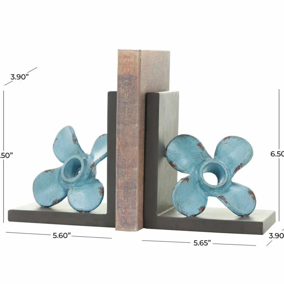 6.5" Teal Metal Boat Distressed Propeller Bookends with Brown L-Shaped Stands