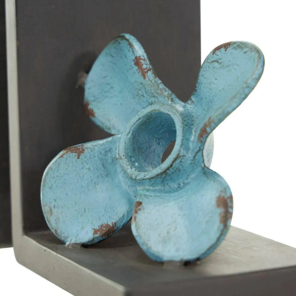 6.5" Teal Metal Boat Distressed Propeller Bookends with Brown L-Shaped Stands