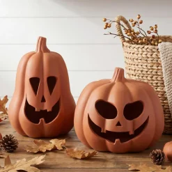 Terracotta Halloween Pumpkin Decorations, 2 Pack Jack O Lantern Clay Pumpkins, 7.1" & 5.9" Rustic Pumpkin Tea Light Holders, Fall Tabletop Decor for Indoor Outdoor