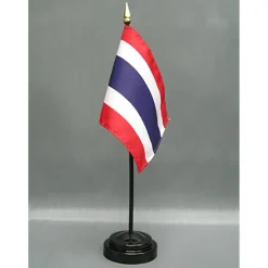 Thailand Desk Flag with Base; American Made Rayon 4x6 inch Miniature Table Set Includes One Small Mini Country Stick Flags and One Black Stand