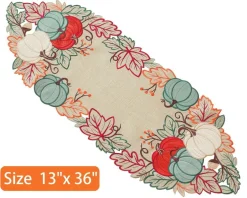 Thanksgiving Decorations Fall Table Runner with Embroidered Velvet Pumpkins Maple Leaf. Table Decor for Home Kitchen Dining Seasonal Harvest Party 36 Inches