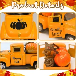 Thanksgiving Fall Decorations – Farmhouse Vintage Metal Truck with Mini Artificial Pumpkins, Pinecones, Acorn & Maple Leaf – Rustic Autumn Table Centerpiece, Tiered Tray Decor, Indoor Harvest Home Decor