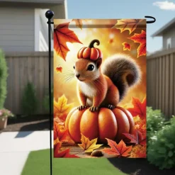 Thanksgiving Fall Garden Flag, 12 x 18 Inch Double-Sided Squirrel with Pumpkin Hat Yard Flag, Autumn Leaves & Acorn Outdoor Banner for Front Porch, Lawn, Garden, Pathway & Seasonal Decor