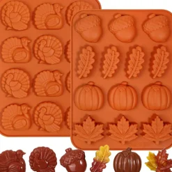 Thanksgiving Silicone Molds 2 Pack, Turkey Pumpkin Fall Leaf Acorn Chocolate Molds, Food Grade Silicone Candy Molds for Plaster, Chocolate, Fondant, Cupcake Decorations, Halloween Fall Harvest Baking