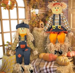 Thanksgiving Sitting Scarecrow Decor Set of 2, 50 Inch Boy & Girl Scarecrow Shelf Sitters, Large Fall Harvest Decorations for Porch, Mantel, Table, Windowsill, Garden & Home