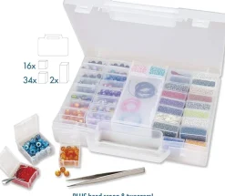 The Beadsmith Bead Organizer Carrying Case, 55 piece set, with removable compartments in assorted sizes, a carrying case, plus a bead scoop and tweezer.