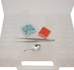 The Beadsmith Bead Organizer Carrying Case, 55 piece set, with removable compartments in assorted sizes, a carrying case, plus a bead scoop and tweezer.