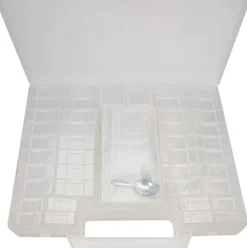 The Beadsmith Bead Organizer Carrying Case, 55 piece set, with removable compartments in assorted sizes, a carrying case, plus a bead scoop and tweezer.