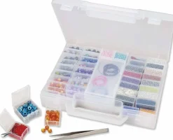 The Beadsmith Bead Organizer Carrying Case, 55 piece set, with removable compartments in assorted sizes, a carrying case, plus a bead scoop and tweezer.
