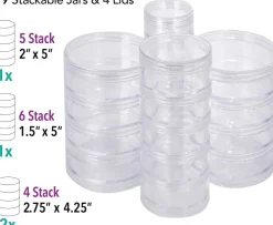 The Beadsmith – Stack Jar 4-Piece Assortment – 2 x 4 Stack, 1 x 5 Stack, 1 x 6 Stack, Pill containers, Empty Pot Jars, refillable Cosmetic containers, Small Plastic Organizers