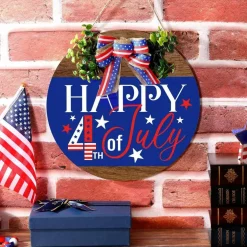 4th of July Patriotic Wreath for Front Door, Rustic Wooden Happy 4th of July Hanging Sign with American Flag Bow, Memorial Day, Independence Day & USA 250th Anniversary Wall Decor, 11.8 Inch