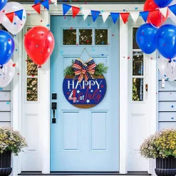 4th of July Patriotic Wreath for Front Door, Rustic Wooden Happy 4th of July Hanging Sign with American Flag Bow, Memorial Day, Independence Day & USA 250th Anniversary Wall Decor, 11.8 Inch