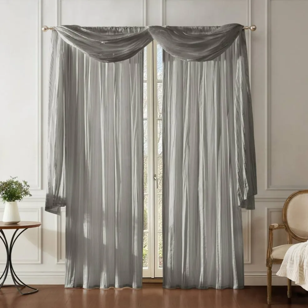 Threadmade Athena Faux Silk Window Curtain and Scarf Set, Red - 52"W x 108"L