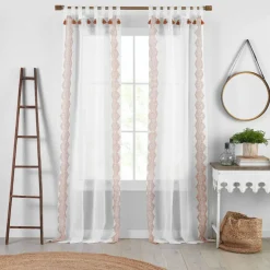 Threadmade Shilo Boho Sheer Tab Top Window Curtain Panel with Tassels, Black - 52"W x 95"L