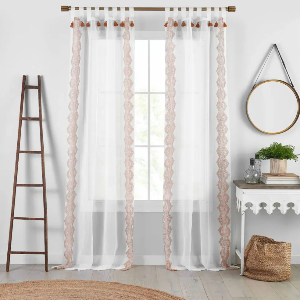 Threadmade Shilo Boho Sheer Tab Top Window Curtain Panel with Tassels, Black - 52"W x 95"L
