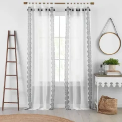 Threadmade Shilo Boho Sheer Tab Top Window Curtain Panel with Tassels, Black - 52"W x 95"L