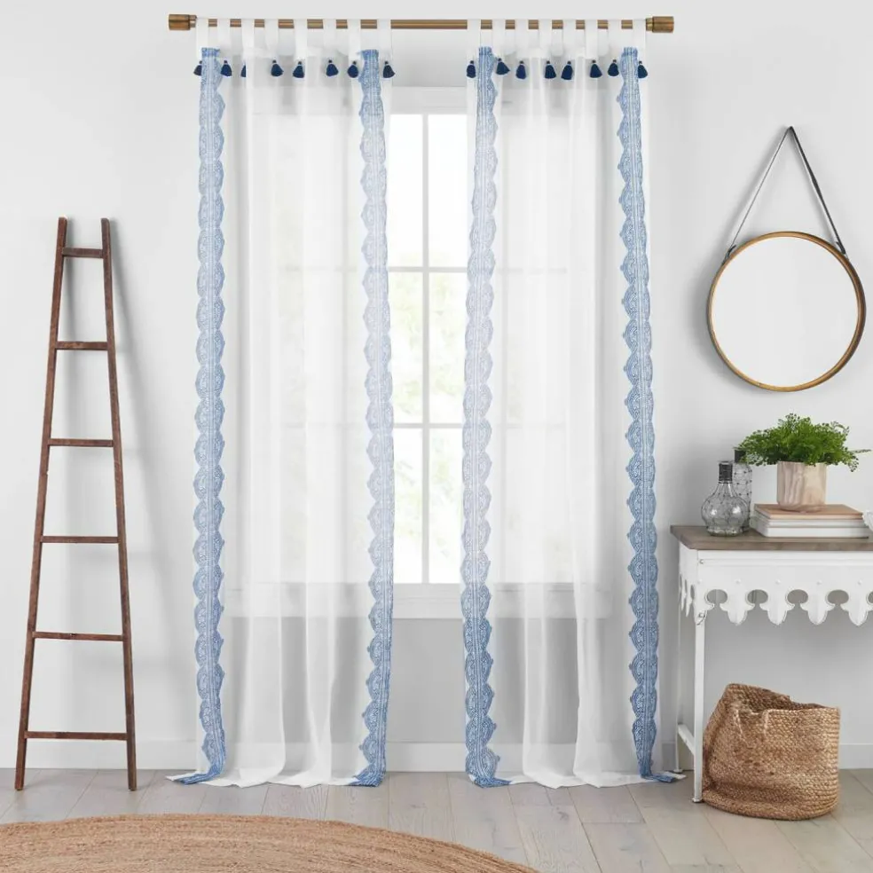 Threadmade Shilo Boho Sheer Tab Top Window Curtain Panel with Tassels, Black - 52"W x 95"L