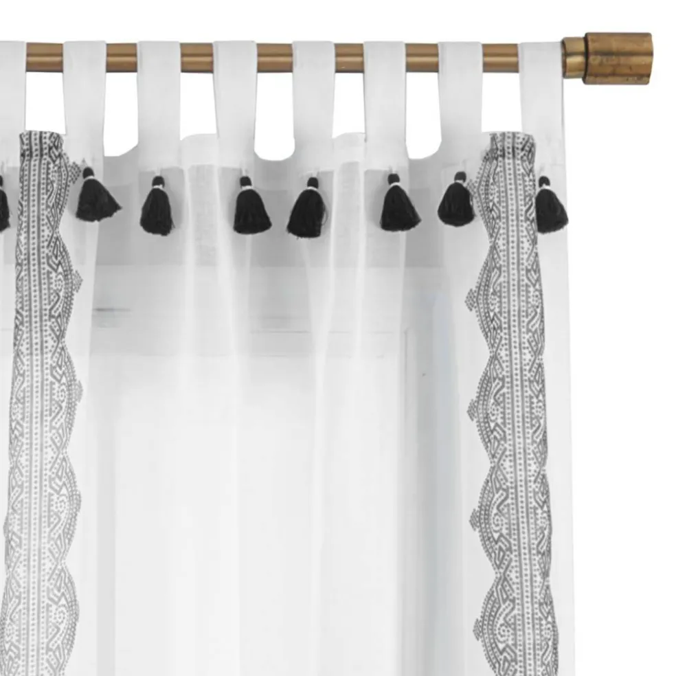 Threadmade Shilo Boho Sheer Tab Top Window Curtain Panel with Tassels, Black - 52"W x 95"L