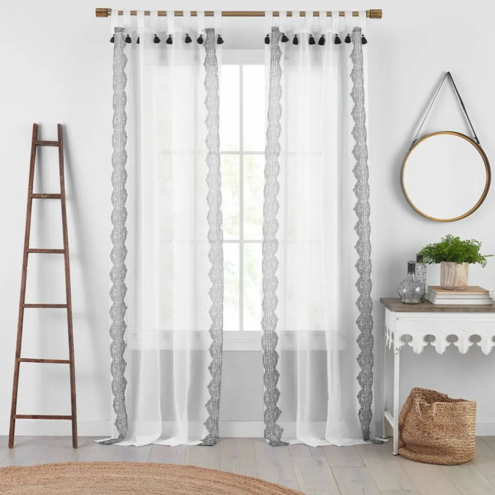 Threadmade Shilo Boho Sheer Tab Top Window Curtain Panel with Tassels, Black - 52"W x 95"L
