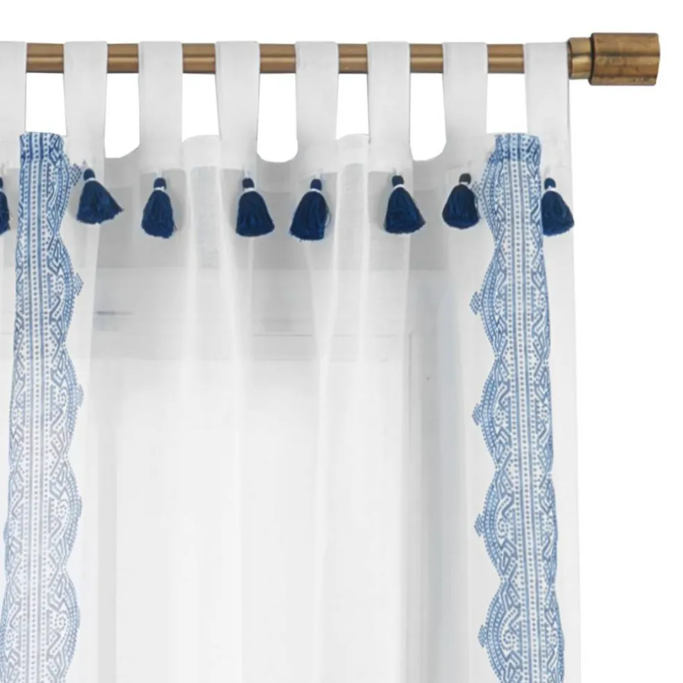 Threadmade Shilo Boho Sheer Tab Top Window Curtain Panel with Tassels, Black - 52"W x 95"L