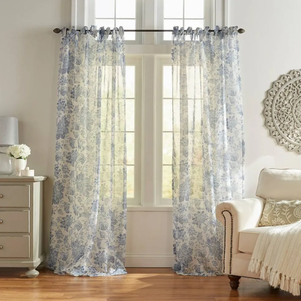 Threadmade Westport Floral Tie-Top Sheer Window Curtain, Gray - 52"W x 95"L