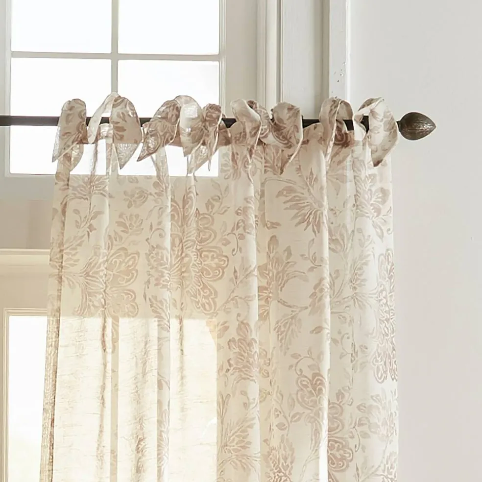Threadmade Westport Floral Tie-Top Sheer Window Curtain, Gray - 52"W x 95"L