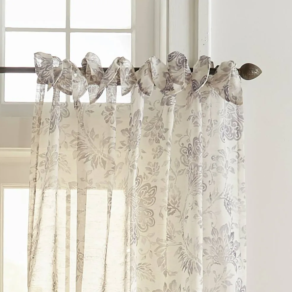 Threadmade Westport Floral Tie-Top Sheer Window Curtain, Gray - 52"W x 95"L