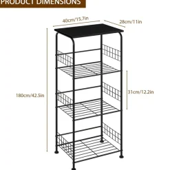 4-Tier Black Metal Storage Cart with Wood Top, Freestanding Wire Shelving Unit with Wheels & Hooks