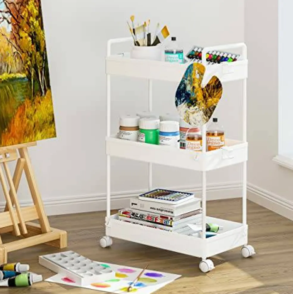 3 Tier Classic Storage Rolling Cart Slim Storage Cart with Wheels Slide Out Storage Rolling Cart Organizer Plastic for Bathroom Laundry, White