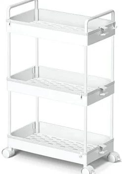 3 Tier Classic Storage Rolling Cart Slim Storage Cart with Wheels Slide Out Storage Rolling Cart Organizer Plastic for Bathroom Laundry, White