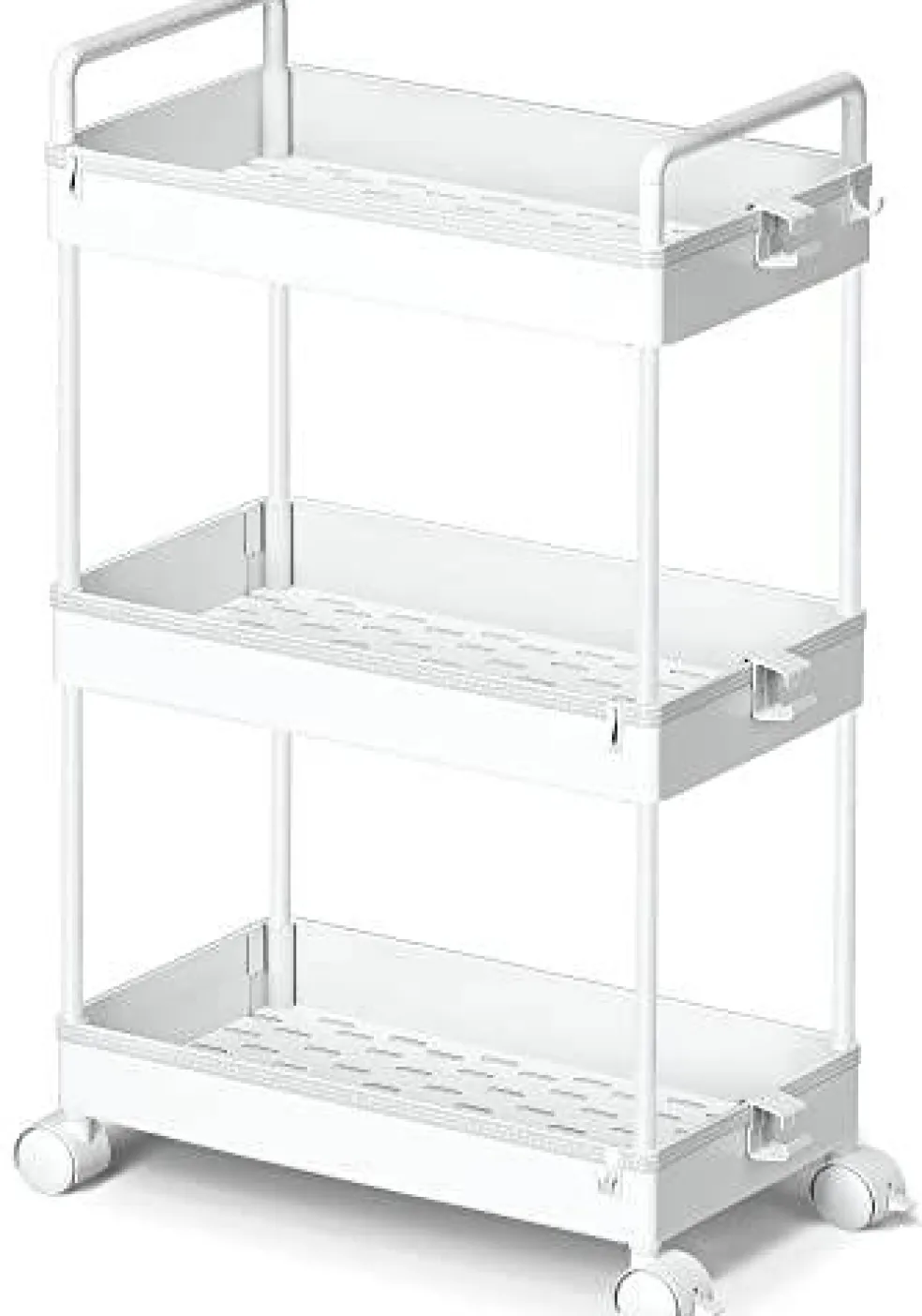 3 Tier Classic Storage Rolling Cart Slim Storage Cart with Wheels Slide Out Storage Rolling Cart Organizer Plastic for Bathroom Laundry, White